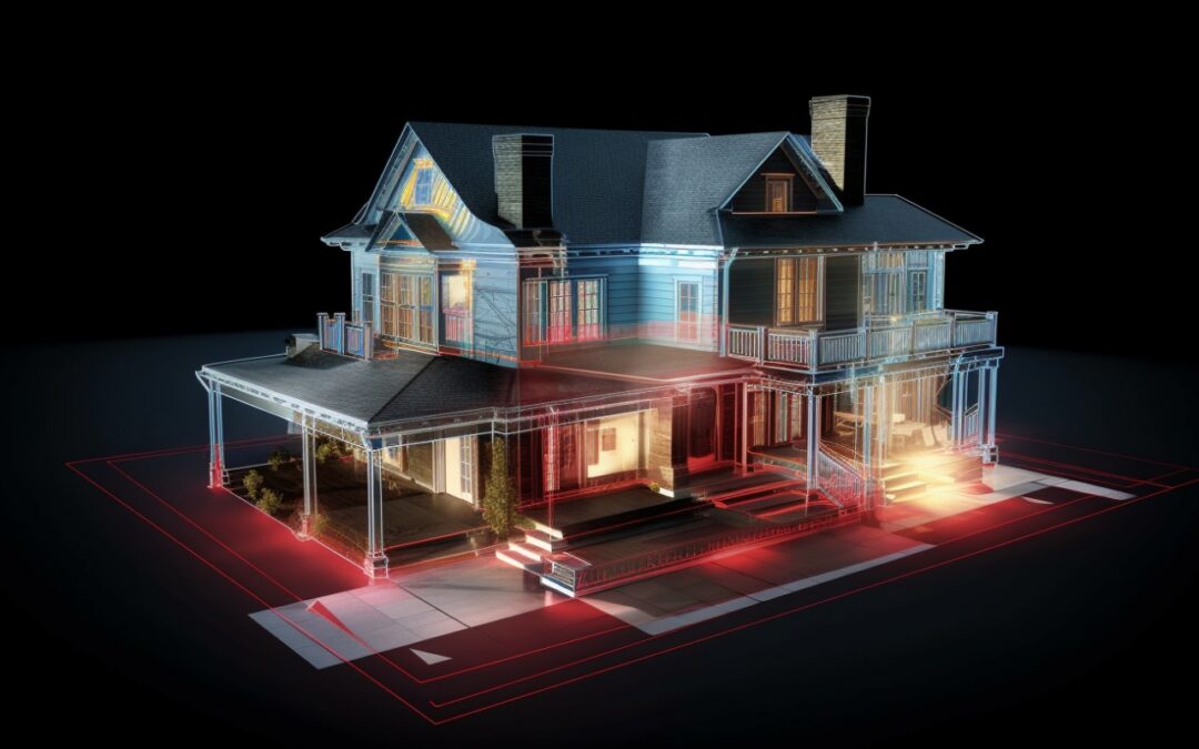 Wireframe rendering of two story home.