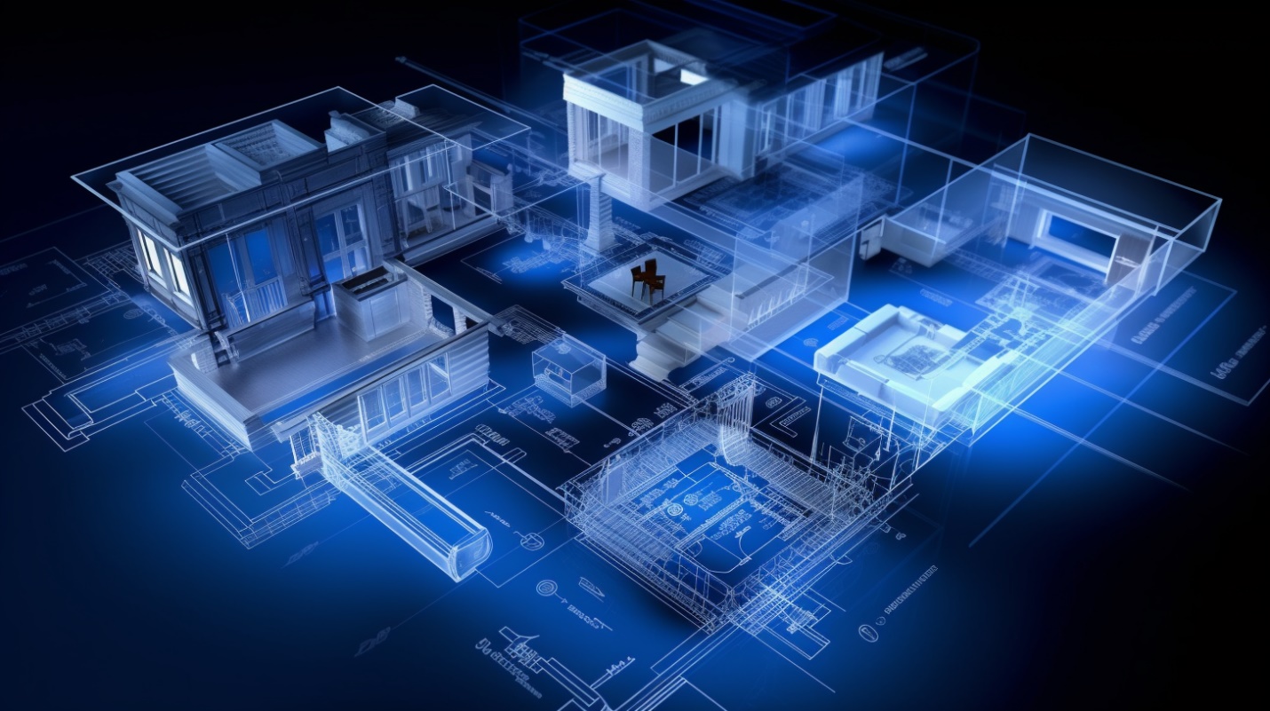 Blueprint of a home overlayed by a ghost rendering of a home.