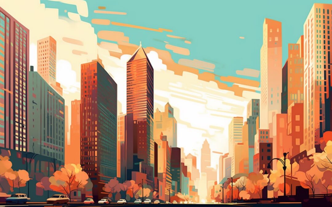 Vector art of a city during fall.