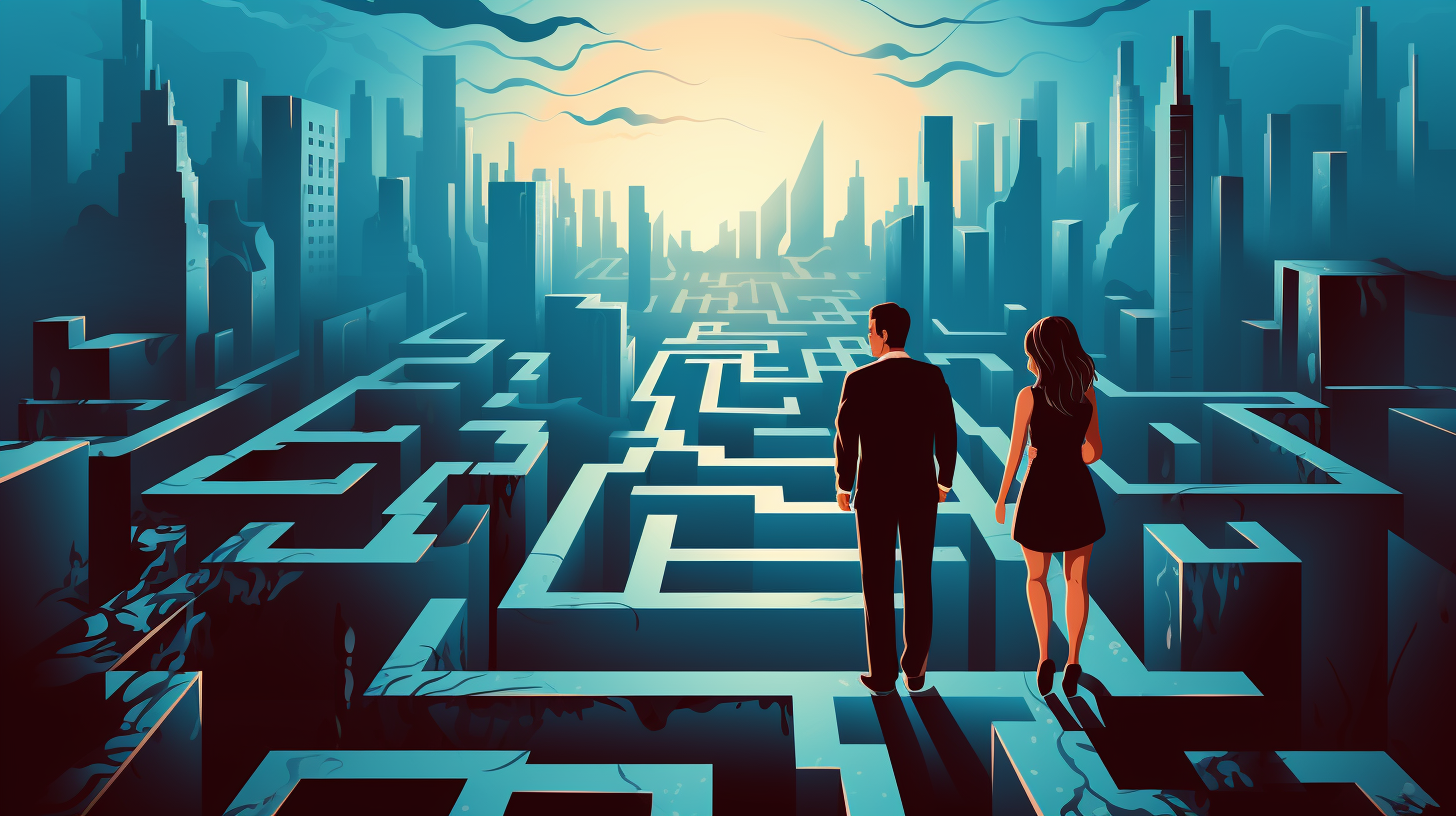 Real-estate agent guiding women through a city maze