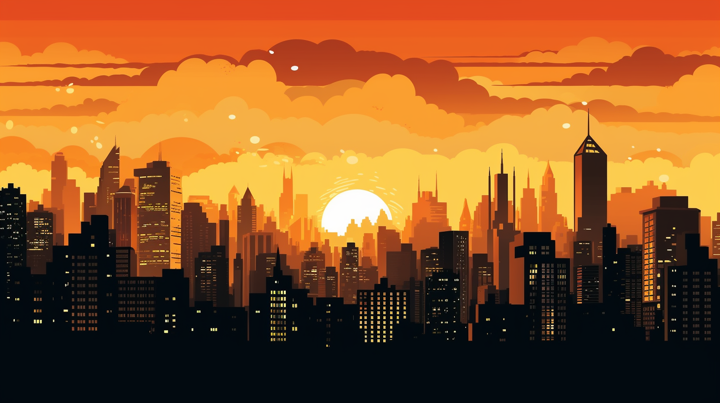 Vector art of a city skyline at sunset