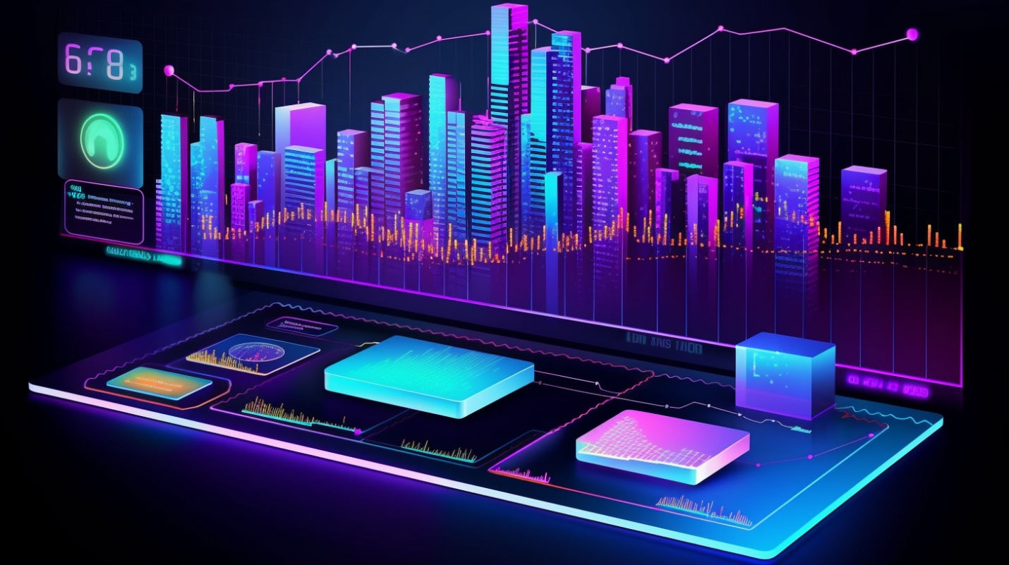 High tech computer generated bar chart made of a city skyline