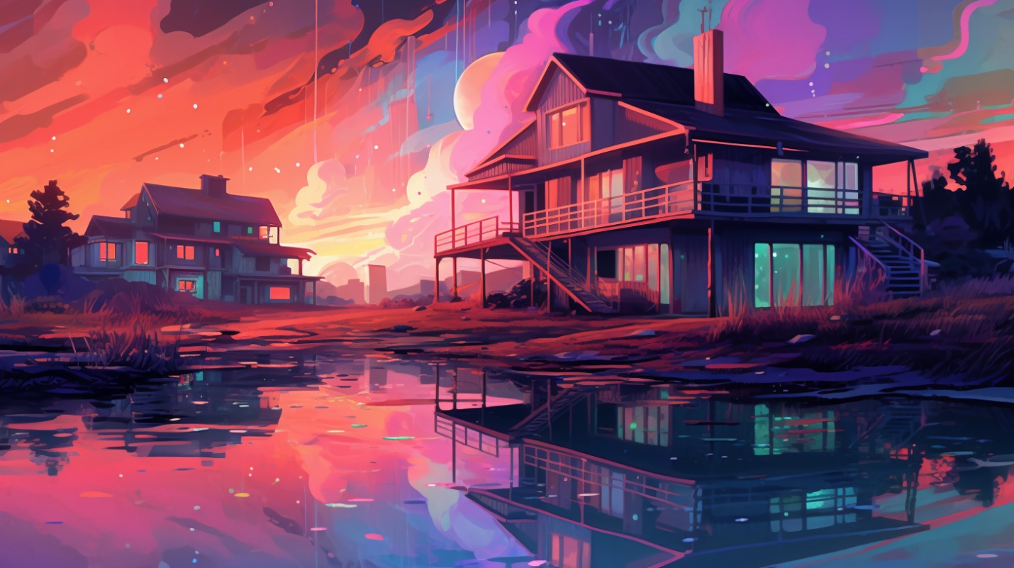 Technicolor painting of homes at dusk