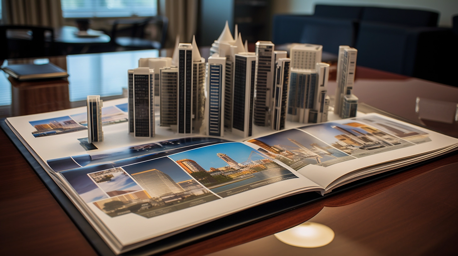 Image Book of Real-Estate with Model Skyscrapers sitting on Top