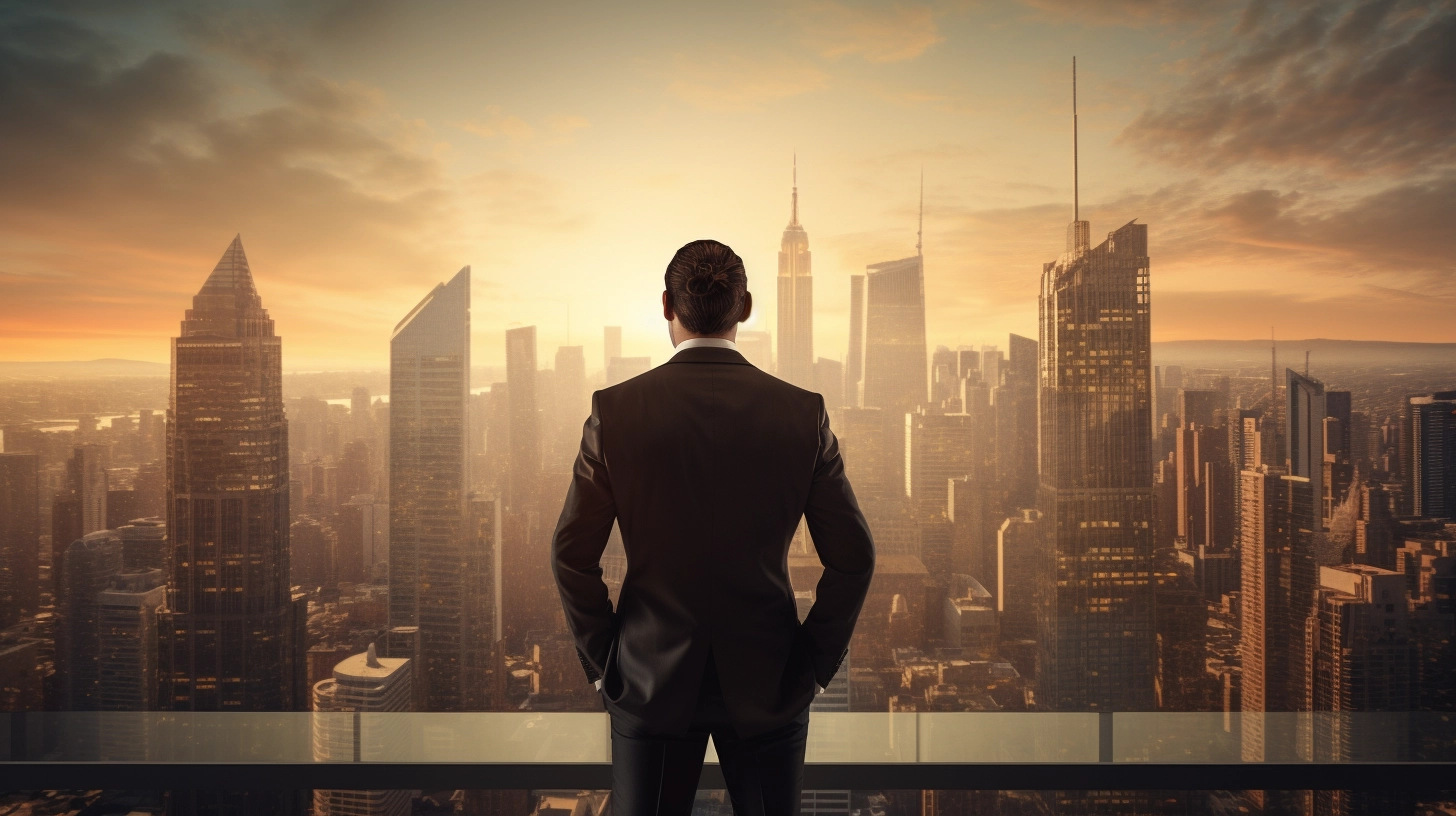 Man in Suit Overlooking a City at Sunset