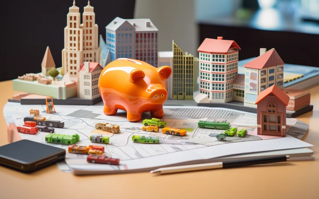 Piggy Bank on a Map Next to Miniature Models of Real-Estate