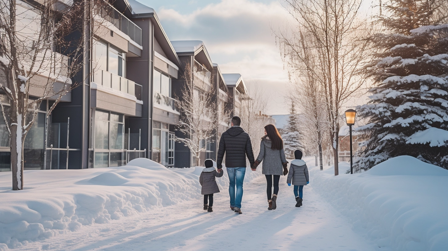 Family walking next to condos in the snow