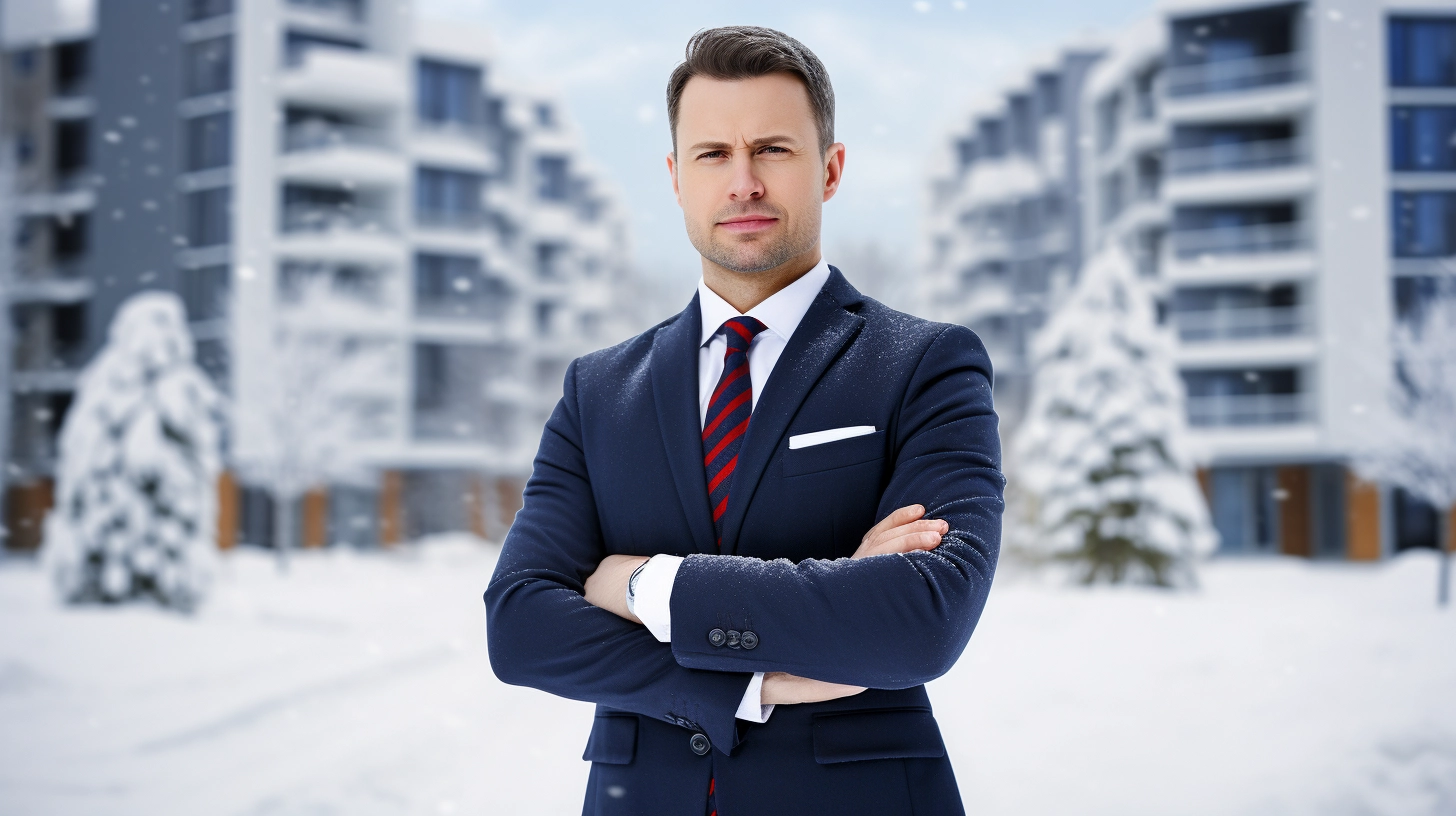 Man with crossed arms in business suit standing in front of snow covered condos