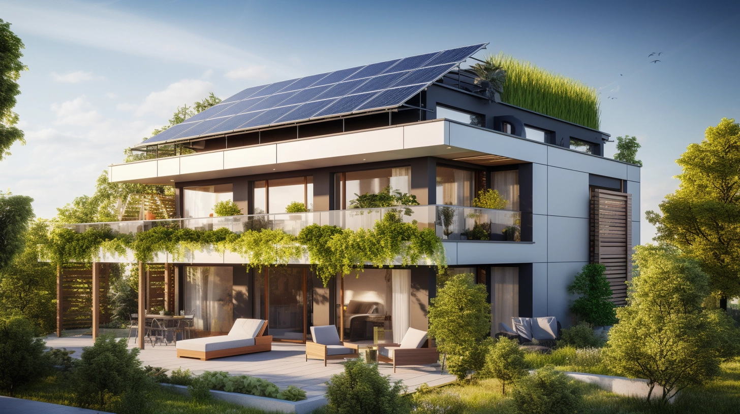 Two story eco-friendly home with solar panels
