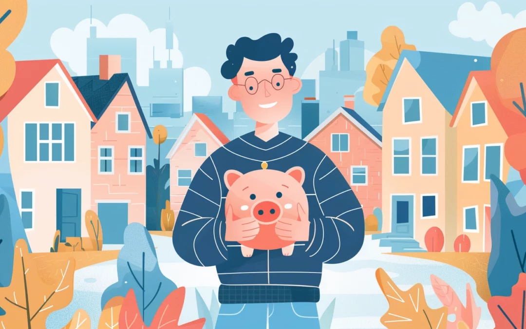 A graphic depiction of a person holding a piggy bank, standing in front of a series of homes