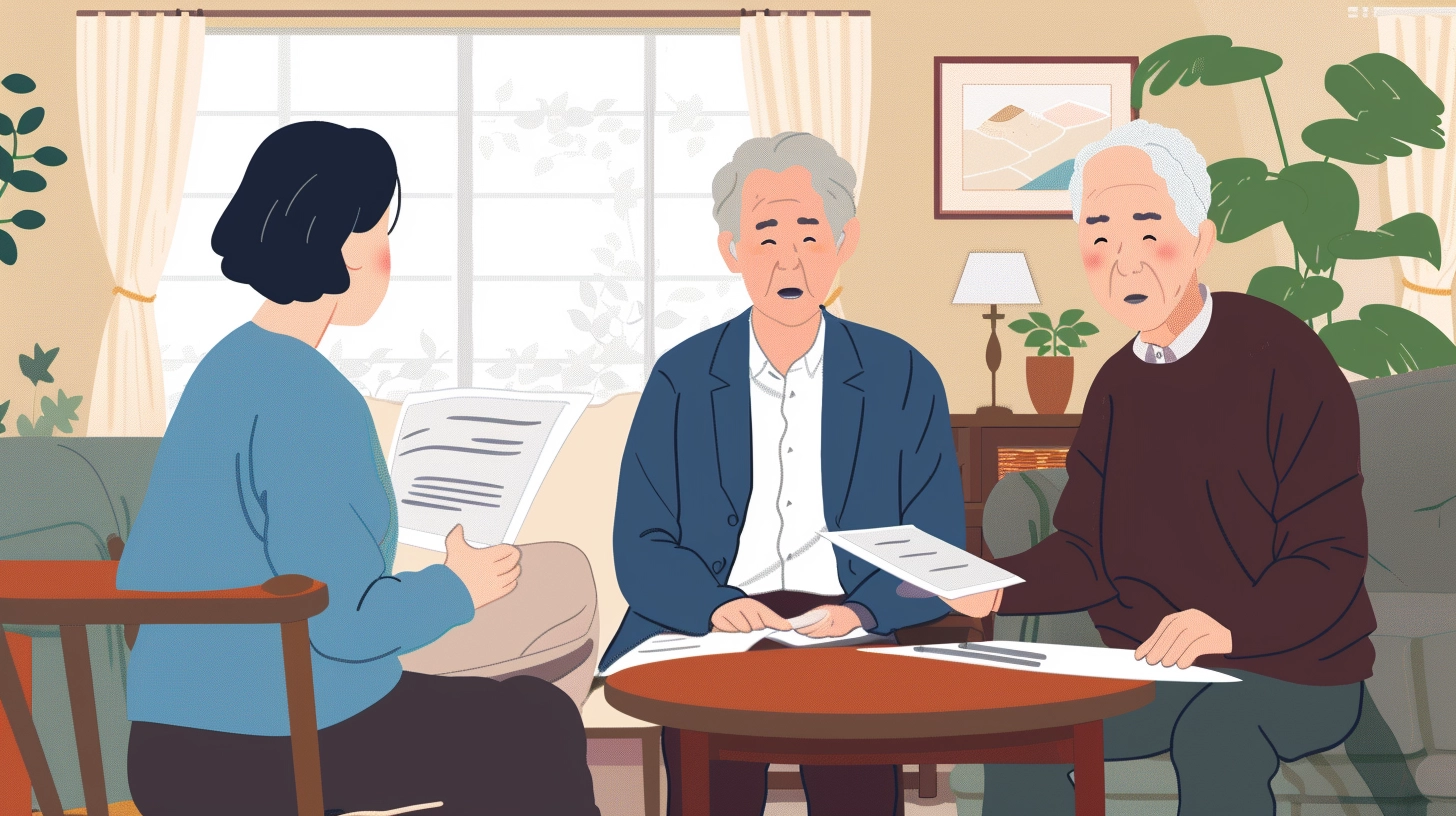 An elderly couple receiving a visit from a housing assistance counselor in their apartment
