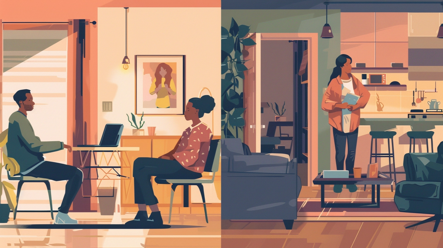A split-screen style artwork showing two renters.