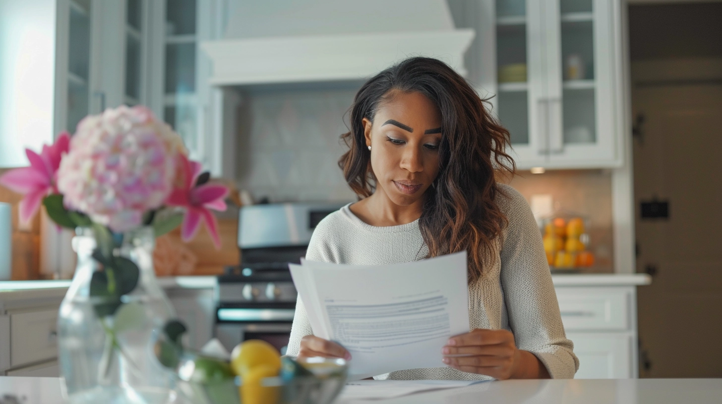 A women sitting at a kitchen table, reading a lease document with a serious expression.